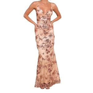 Lulus Rose Gold Sequin Floral Maxi Slip Dress XS Wedding Holiday NYE Sparkle